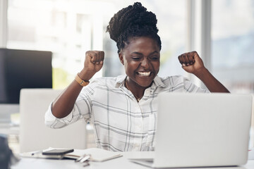 Black woman, success and laptop to celebrate business profit, win or achievement in office. African...