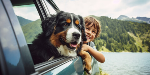 Portrait of cute bernese shepherd and little boy on the car window vacation travel - obrazy, fototapety, plakaty