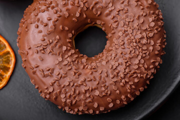 Delicious chocolate glazed donut sprinkled with chocolate chips