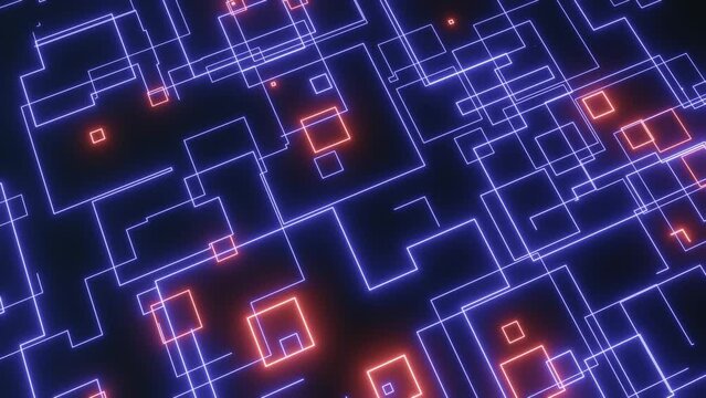 4k looped animation. 3d objects form sci fi composition on surface 3d pattern. Hi tech pattern on plane surface, neon glow, complex elements and structure. Information technology, futuristic hardware