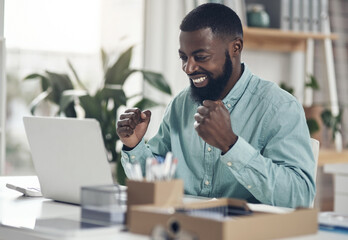Success, black man and laptop to celebrate business profit, win or achievement in an office. African male entrepreneur at a desk with motivation, fist and technology for bonus, victory or promotion