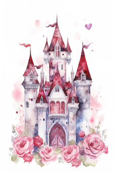 Fairytale castle with floral elements and pink color. Made in watercolor style on a white background. Generative ai