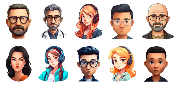 Group of Avatars isolated on a white background, representing Doctors, gaming girls, young boys, and man, Generated AI