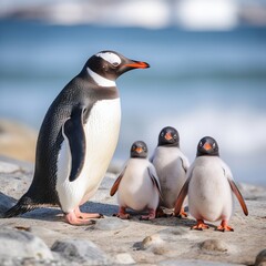 Fototapeta premium Adorable Gentoo Penguin Family by the Shoreline