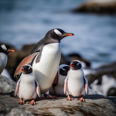 Coastal Charm: Adorable Gentoo Penguin Family by the Shoreline