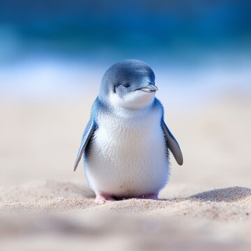 Charming Blue Penguin: Playful Moments on Sandy Beach