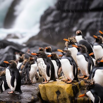 Stunning Macaroni Penguin Colony on Rocky Cliffs