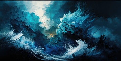 Fototapeta na wymiar Blue waves smoky background, abstract splashing sea water, generative ai