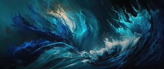 Naklejka premium Blue waves smoky background, abstract splashing sea water, generative ai