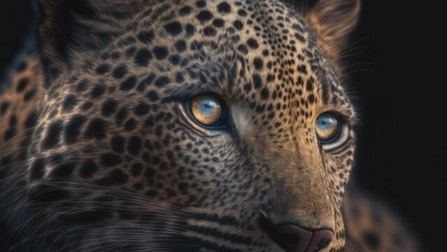 The blue small eyes of the spotted leopard with the fierce look AI generated