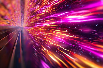 Abstract futuristic background high speed vibrant orange and pink lines and bokeh glowing neon moving. High speed futuristic travel concept. Fantastic wallpaper, Ai Generative