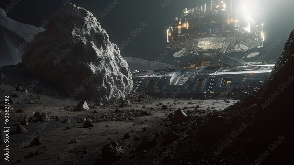 Poster illustration of a base on the surface of an asteroid. - ai generated image.