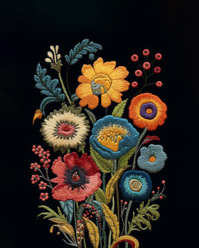 Composition of embroidered flowers on a black background. Modern trendy style.  Generative AI