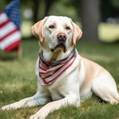 Cute golden retriever dog in a clearing with the USA flag. memorial day celebration. Generative AI