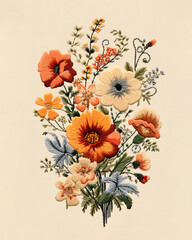 Composition of embroidered flowers on a beige background. Modern trendy style. Generative AI. 