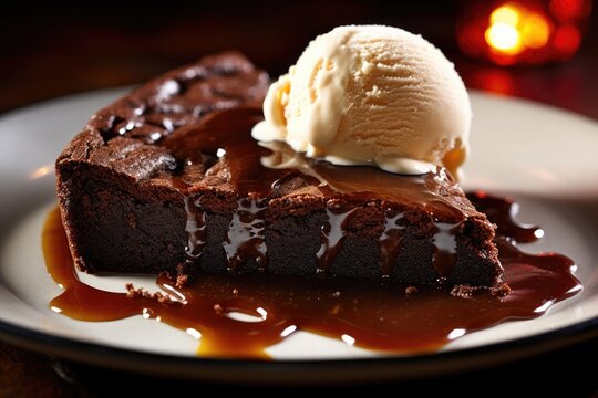Luscious Brownie with ice cream and chocolate sauce served on white plate with blurred background. AI Generated