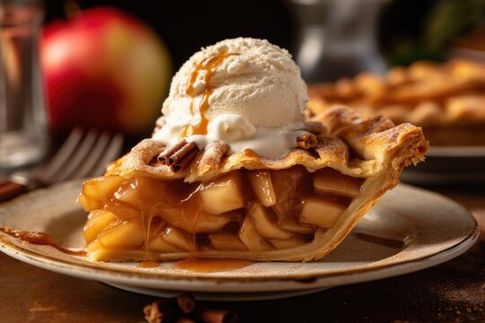 Luxurious Apple pie with ice cream and caramel sauce served on white plate and blurred background. AI Generated