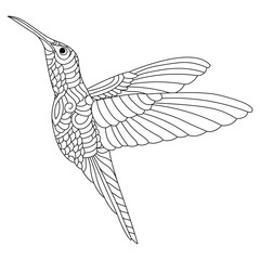 Zentangle-style hummingbird black and white line art adult coloring book pages.
