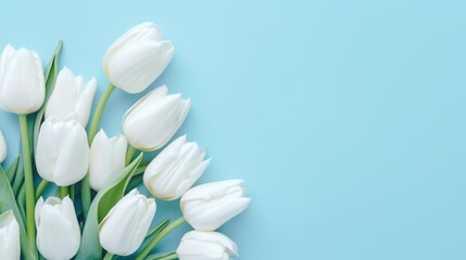 Bouquet of tulips on blue background with copy space for text. Top view, mockup, flat lay composition, blog, website, social, Generative AI