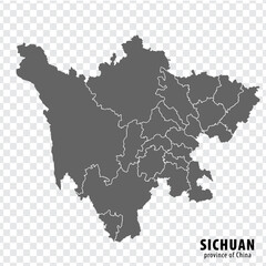 Blank map  Province Sichuan of China. High quality map Sichuan with municipalities on transparent background for your web site design, logo, app, UI. People's Republic of China.  EPS10.