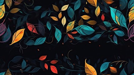 Black background with colorful leaves, organic composition, dreamy branches, generative ai