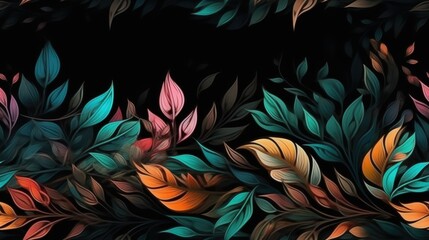 Black background with colorful leaves, organic composition, dreamy branches, generative ai