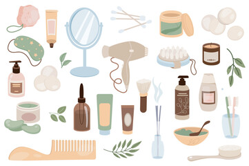 Bathroom items mega set graphic elements in flat design. Bundle of creams, mirror, cotton buds, cosmetics, sleep mask, lotion, hair dryer, massage brush, other. Vector illustration isolated objects