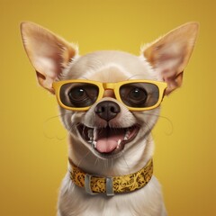 pet dog yellow chihuahua puppy portrait animal glasses goggles cute background. Generative AI.