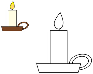 Candle in candlestick clipart. Coloring book page for children. 