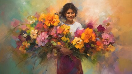 abstract oil painting of a young woman holding a large bouquet of summer flowers, generative AI