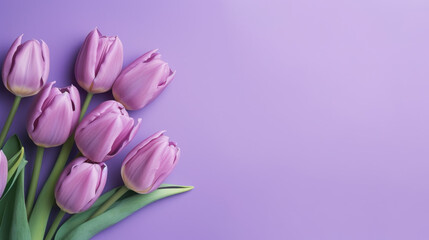 Obraz premium Bouquet of tulips on purple violet background with copy space for text. Top view, mockup, flat lay composition, blog, website, social, Generative AI