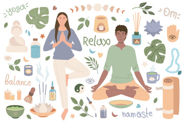 Yoga mega set graphic elements in flat design. Bundle of woman and man in different asanas, monstera leaves, candles, lunar cycle, mat, aroma sticks, other tools. Vector illustration isolated objects