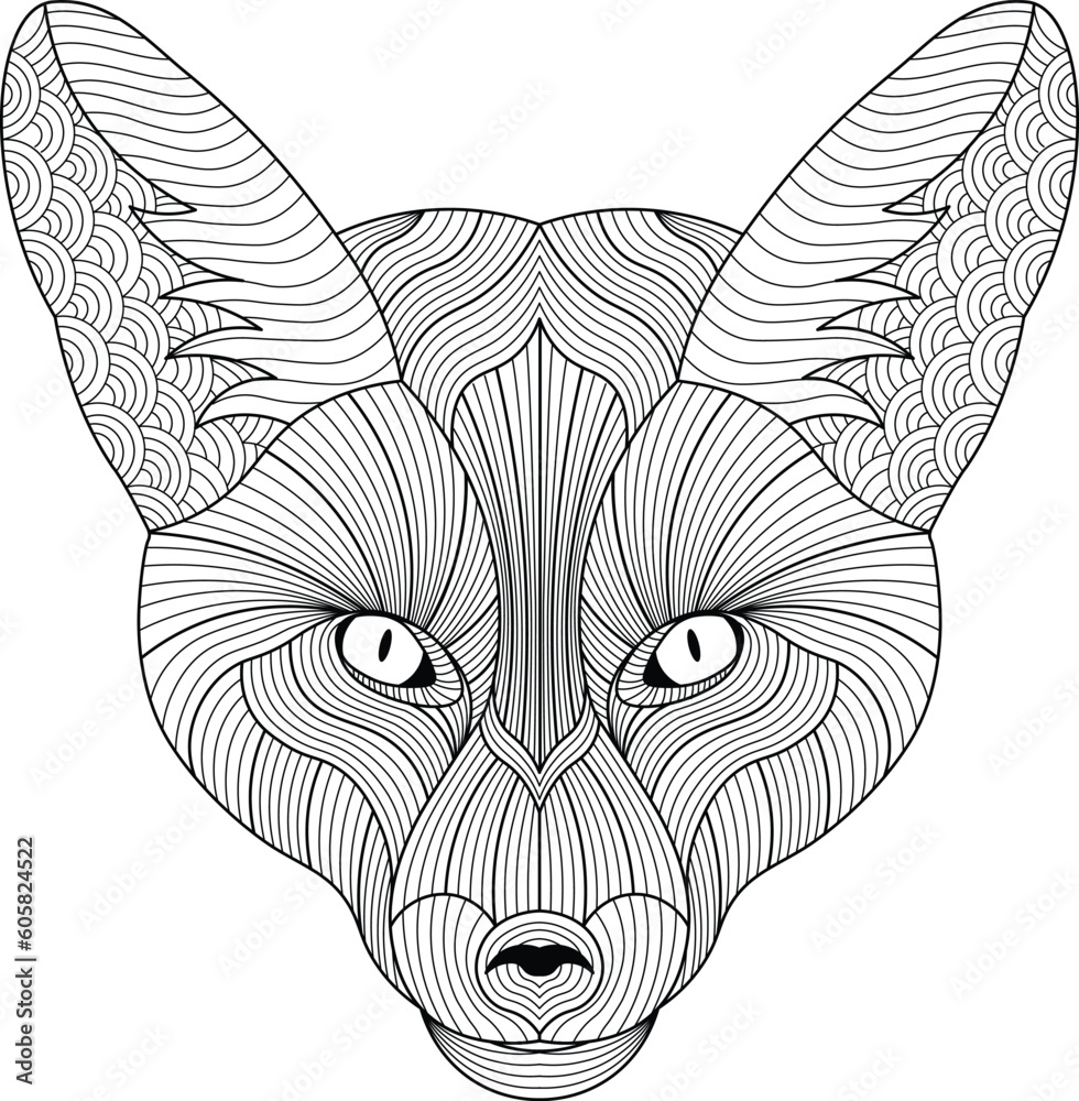 Wall mural black white hand-drawn wild fox head animal hibiscus coloring book page for kids and adults.