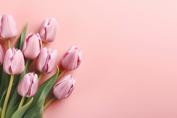 Bouquet of tulips on pink background with copy space for text. Top view, mockup, flat lay composition, blog, website, social, Generative AI