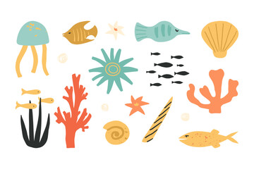 Underwater creatures vector set. Exotic sea, ocean fish like angelfish, plants, sea lily, shells, coral reefs, seaweed