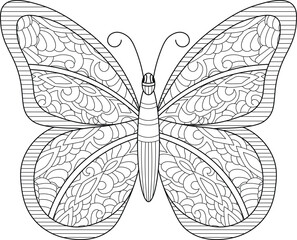 Beautiful butterfly zentangle black and white fictional mandala style coloring book page
