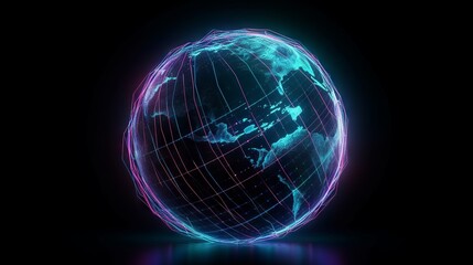 Earth globe is made of bright glowing neon lines, Generative AI