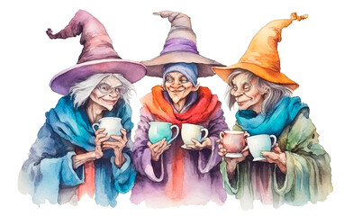Fototapeta premium Relocation of witches drinking coffee and talking on transparent background. Ai generative.