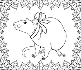 Fancy Rat with a bow around the neck in a frame of leaves - a vector linear picture for coloring. Outline. Cute Rat pet coloring page with animal.