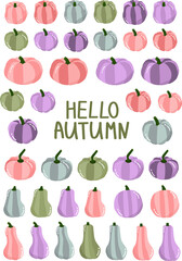 collection hello autumn cartoon isolated set of different pastels of pink, purple, blue, green pumpkins. png stickers of colorful pastel pumpkins