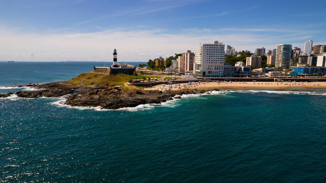 Aerial view of the Barra Lighthouse in Salvador, Bahia, Brazil.