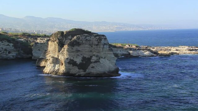 Beautiful view of the Pigeon Rocks on the promenade in the center of Beirut, Lebanon