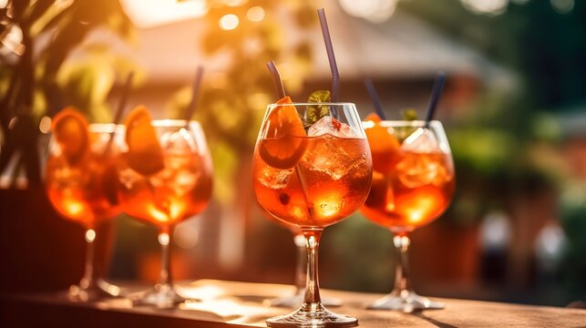 aperol spritz summer drink in glass with tropical background and splash
