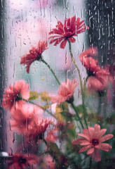 bouquet de flores tulipanes rosas al lado de una ventana con gotas de lluvia. ilustracion de ia generativa
