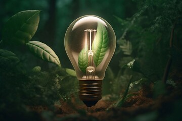 Ecology concept in a light, Eco friendly lightbulb from fresh leaves top vie, concept of Renewable Energy and Sustainable Living. Forestpunk. Generative AI 