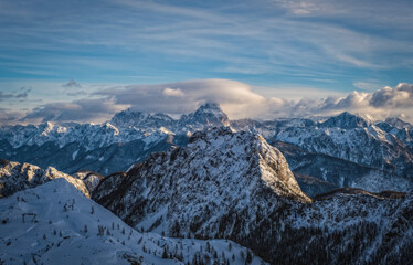 Mountain ski resort Nassfeld near Hermagor, Austria - morning view of well prepared slopes with no people. January 2022