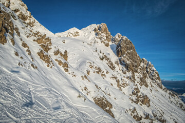 Mountain ski resort Nassfeld near Hermagor, Austria - morning view of well prepared slopes with no people. January 2022
