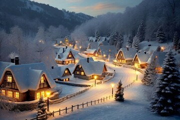 A Christmas-filled village of Santa and his friends, hidden behind mountains surrounded by Christmas trees and snow. In the style of fantasy landscapes. Generative Ai