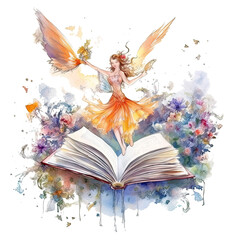 Cute fairy reading book on stack of books, watercolor hand draw illustrartion; can be used for kid poster or card, on transparent background. Ai generative. - obrazy, fototapety, plakaty