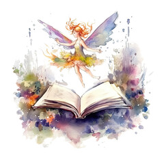 Cute fairy reading book on stack of books, watercolor hand draw illustrartion; can be used for kid poster or card, on transparent background. Ai generative.